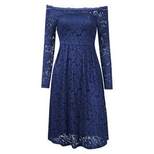 💙 Off Shoulder Lace Retro Pinup Vintage 1950s Long Sleeves Navy Dress L NWT